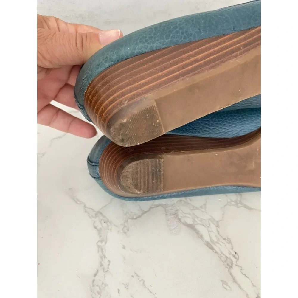 Tory Burch Navy Blue Leather Leticia Wedge Pumps Sz 6M Blue Logo Office Work